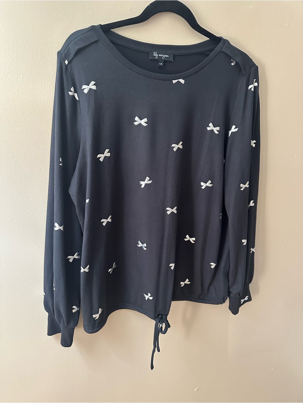Lily Morgan Black Metallic Silver Bow Drawstring Top - Size L